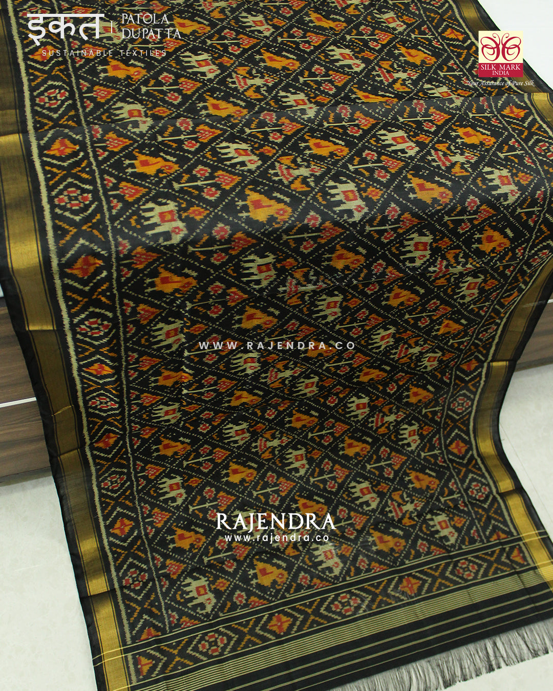 Traditional Hathi Popat Design Black Single Ikat Rajkot Patola Dupatta