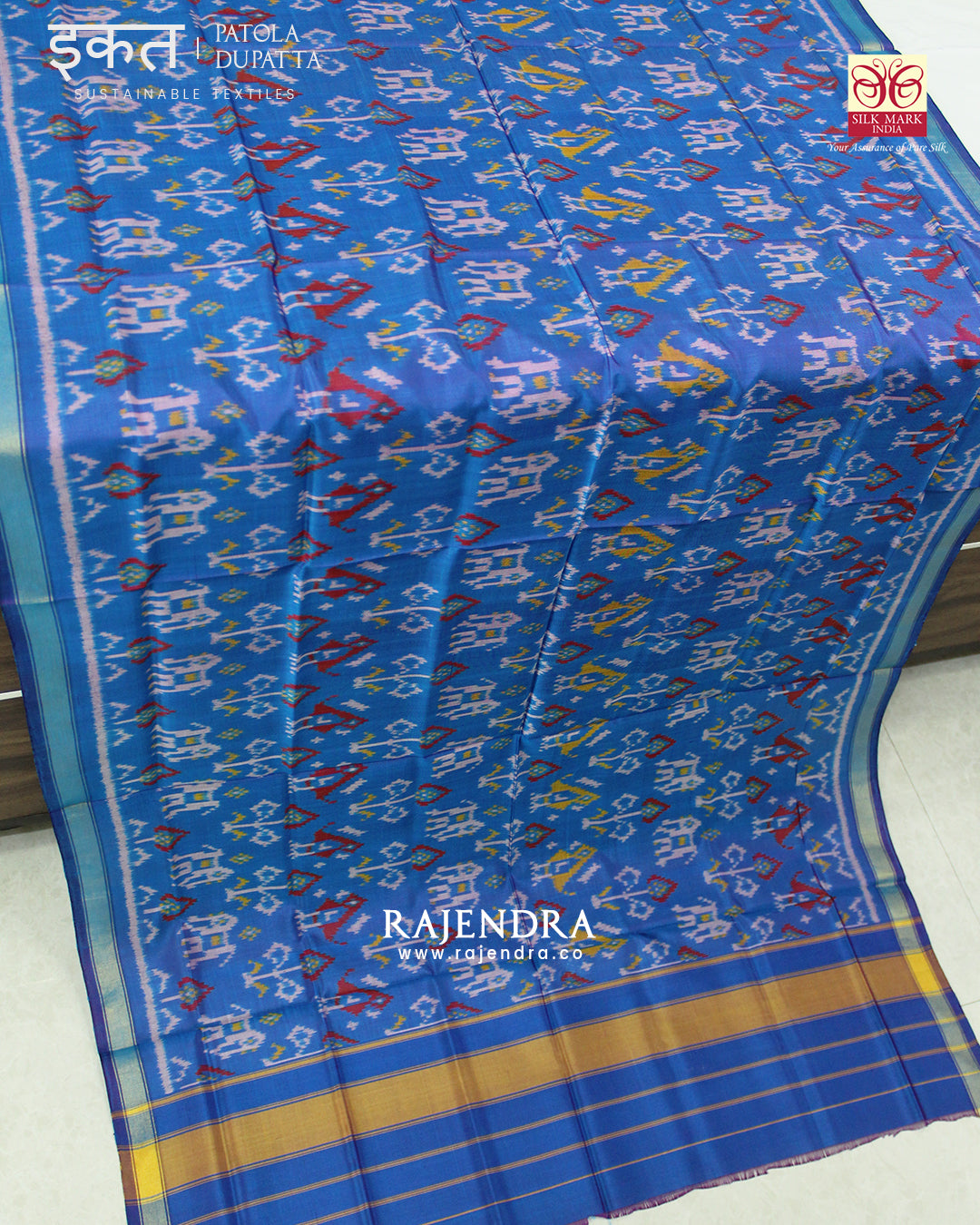 Traditional Hathi Popat Blue SIngle Ikat Rajkot Patola Dupatta