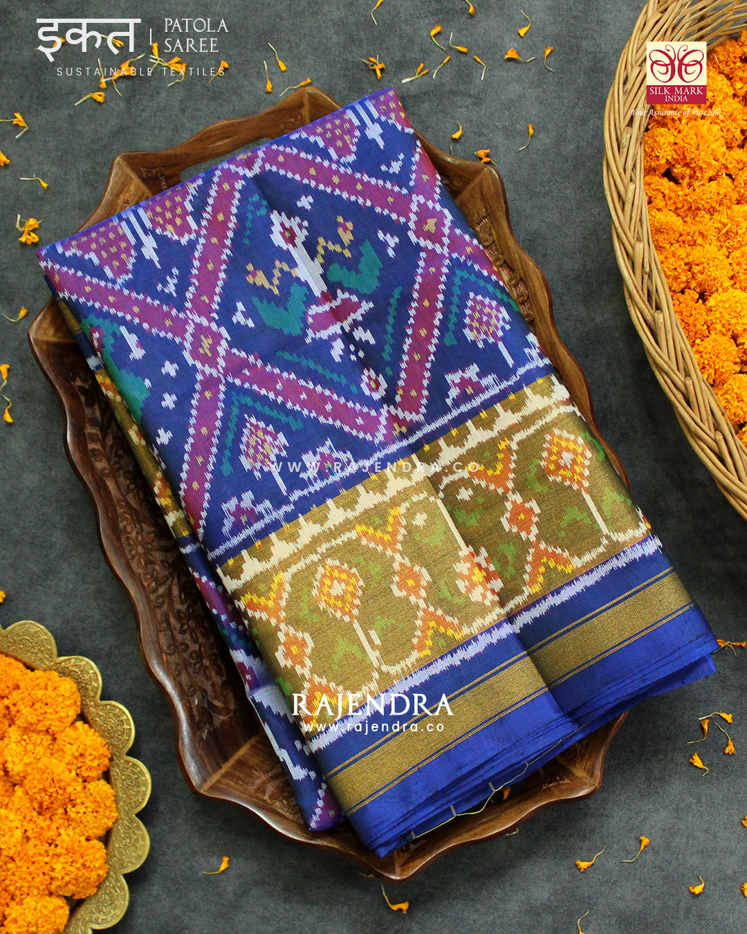 Traditional Nari Kunjar Blue Single Ikat Rajkot Patola Saree