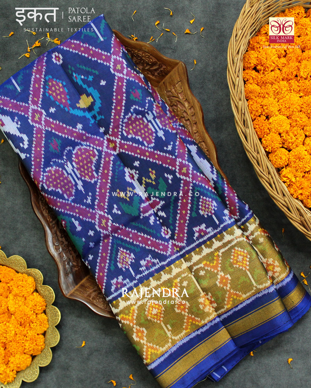 Traditional Nari Kunjar Blue Single Ikat Rajkot Patola Saree