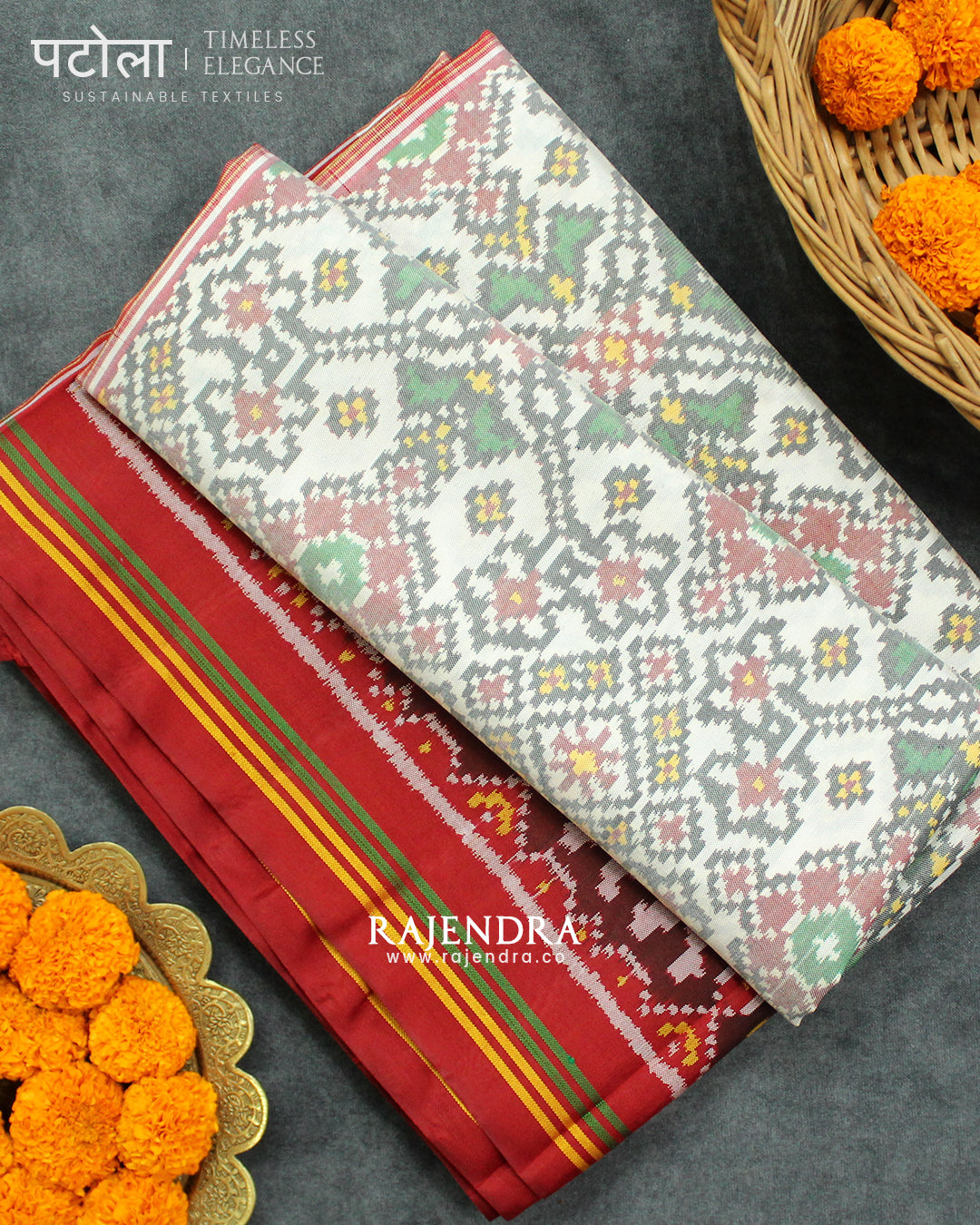 Traditional Navratna Design White Semi Double Ikat Rajkot Patola Saree