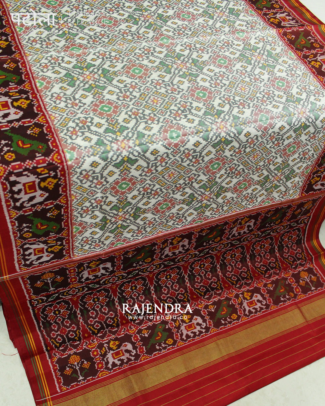 Traditional Navratna Design White Semi Double Ikat Rajkot Patola Saree