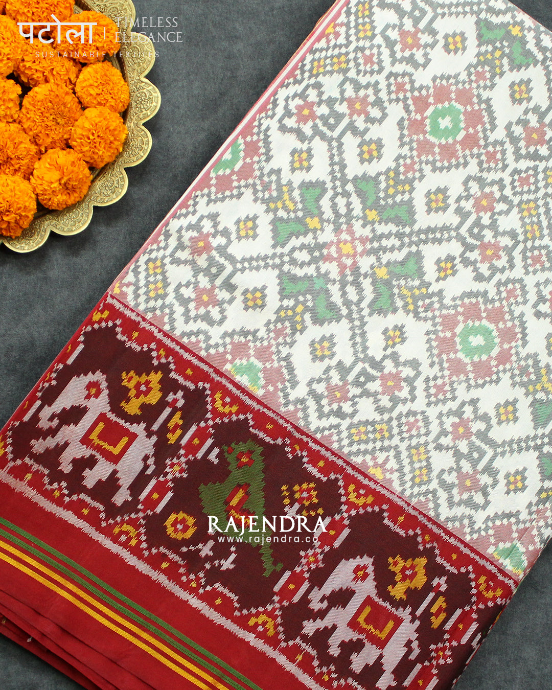 Traditional Navratna Design White Semi Double Ikat Rajkot Patola Saree