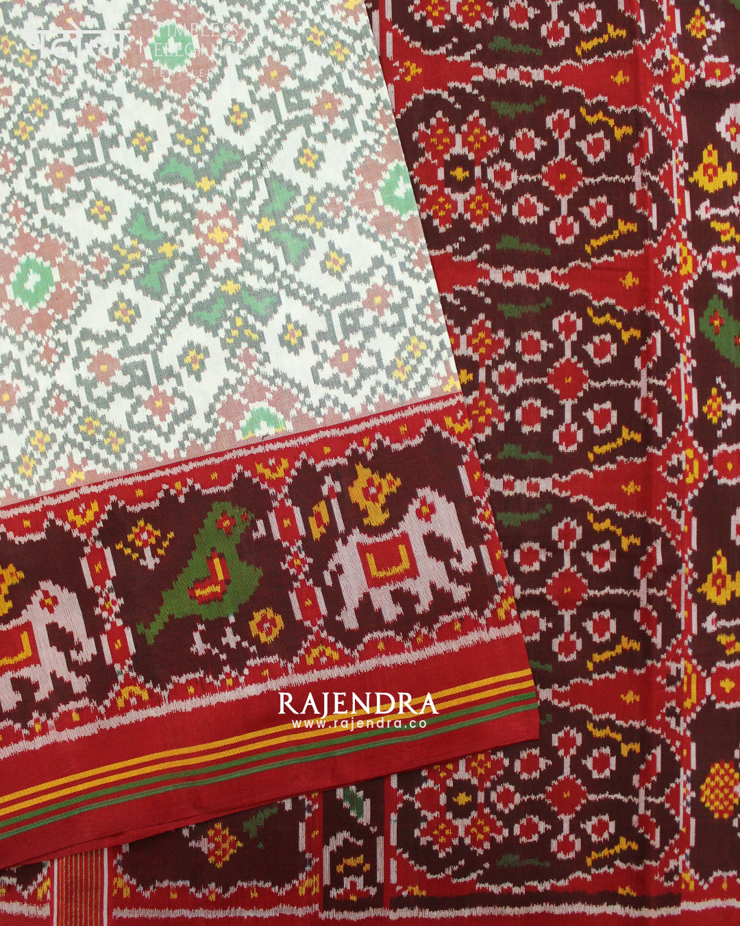 Traditional Navratna Design White Semi Double Ikat Rajkot Patola Saree