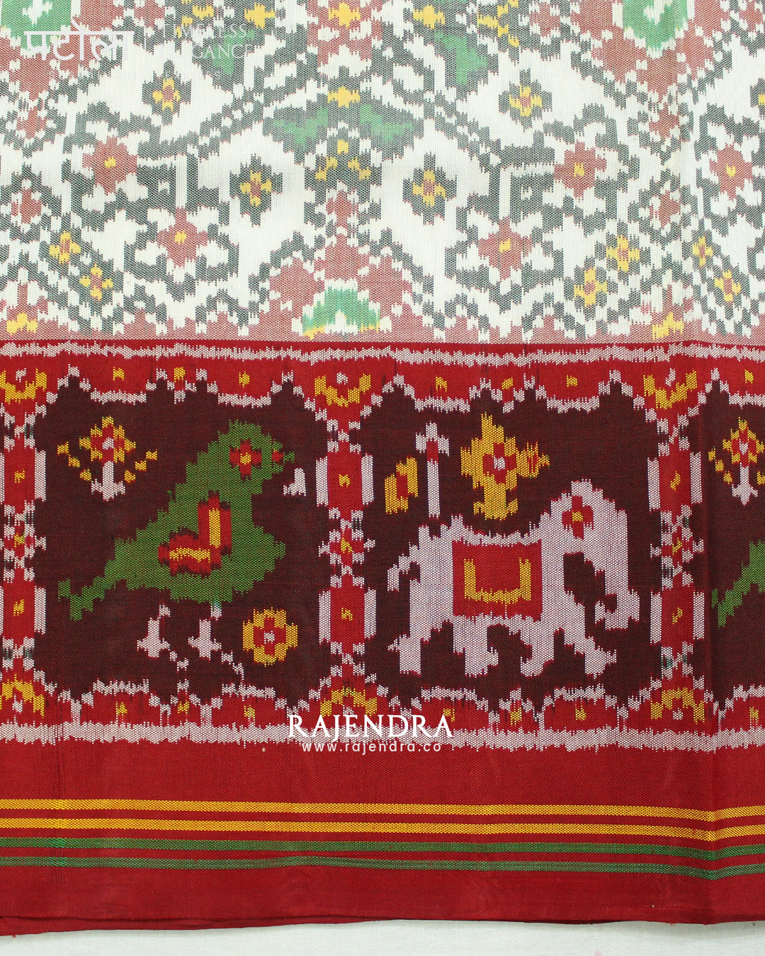 Traditional Navratna Design White Semi Double Ikat Rajkot Patola Saree