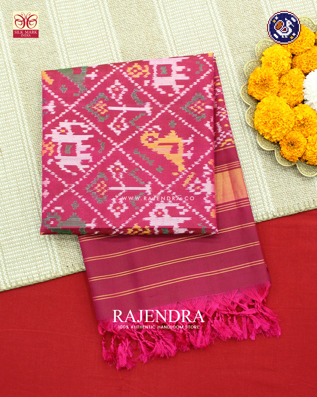Exclusive Hathi Popat Design Dark Pink Ikat Rajkot Patola Dupatta