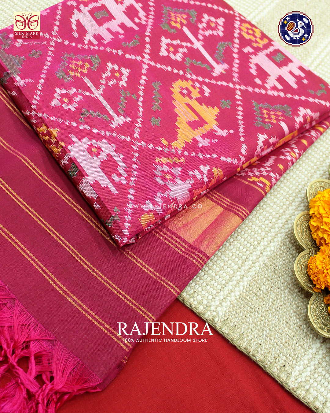 Exclusive Hathi Popat Design Dark Pink Ikat Rajkot Patola Dupatta