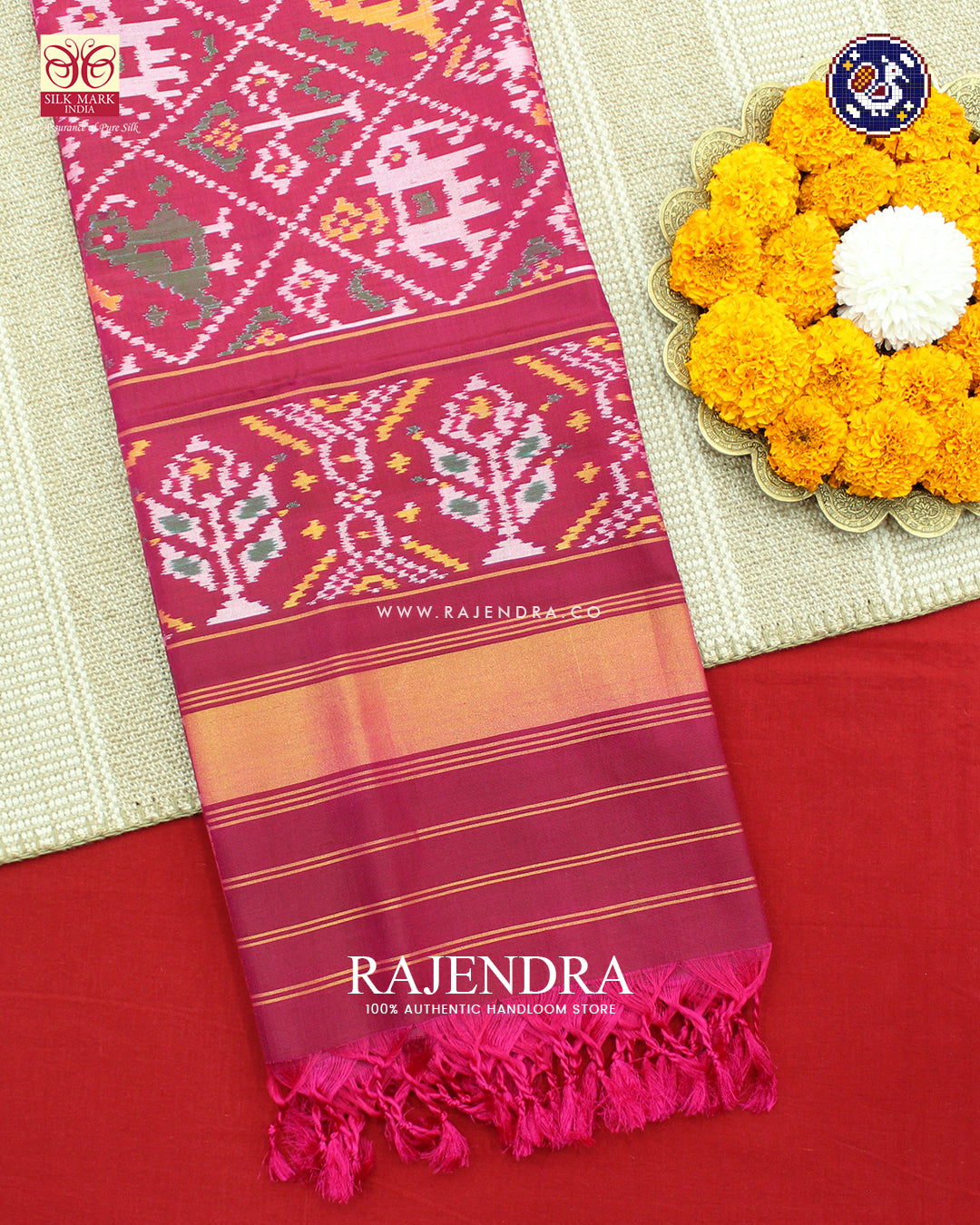 Exclusive Hathi Popat Design Dark Pink Ikat Rajkot Patola Dupatta