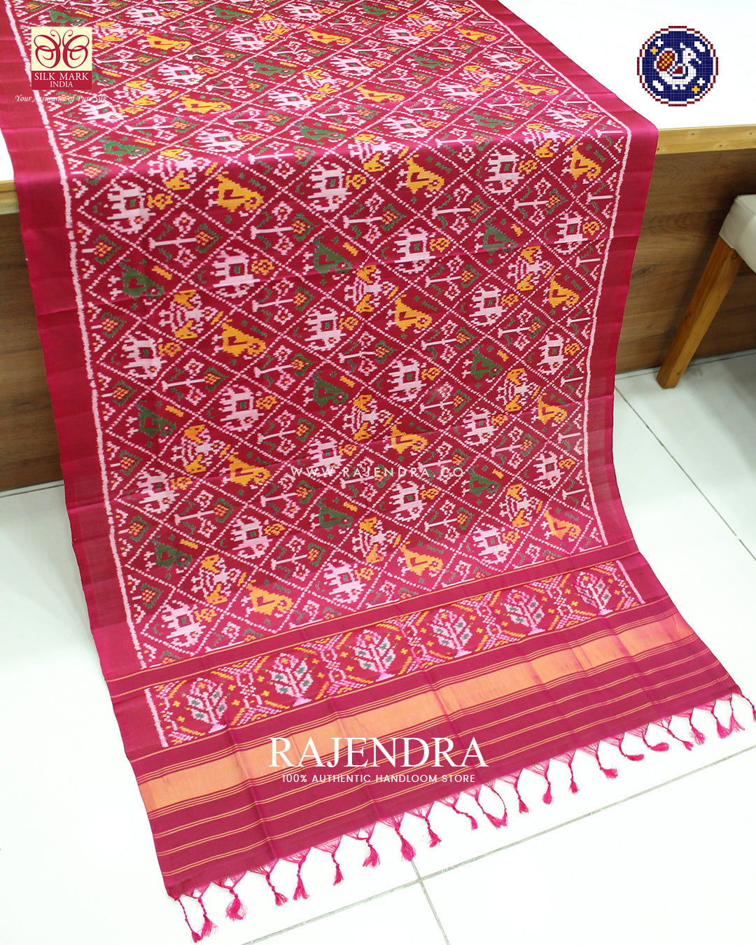 Exclusive Hathi Popat Design Dark Pink Ikat Rajkot Patola Dupatta