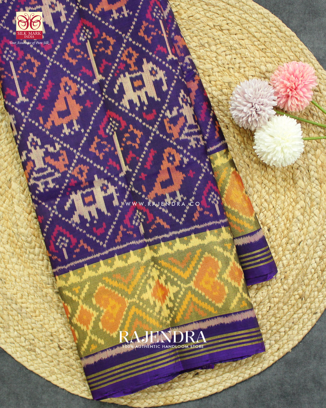 Traditional Hathi Popat Design Dark Purple Single Ikat Rajkot Patola Saree