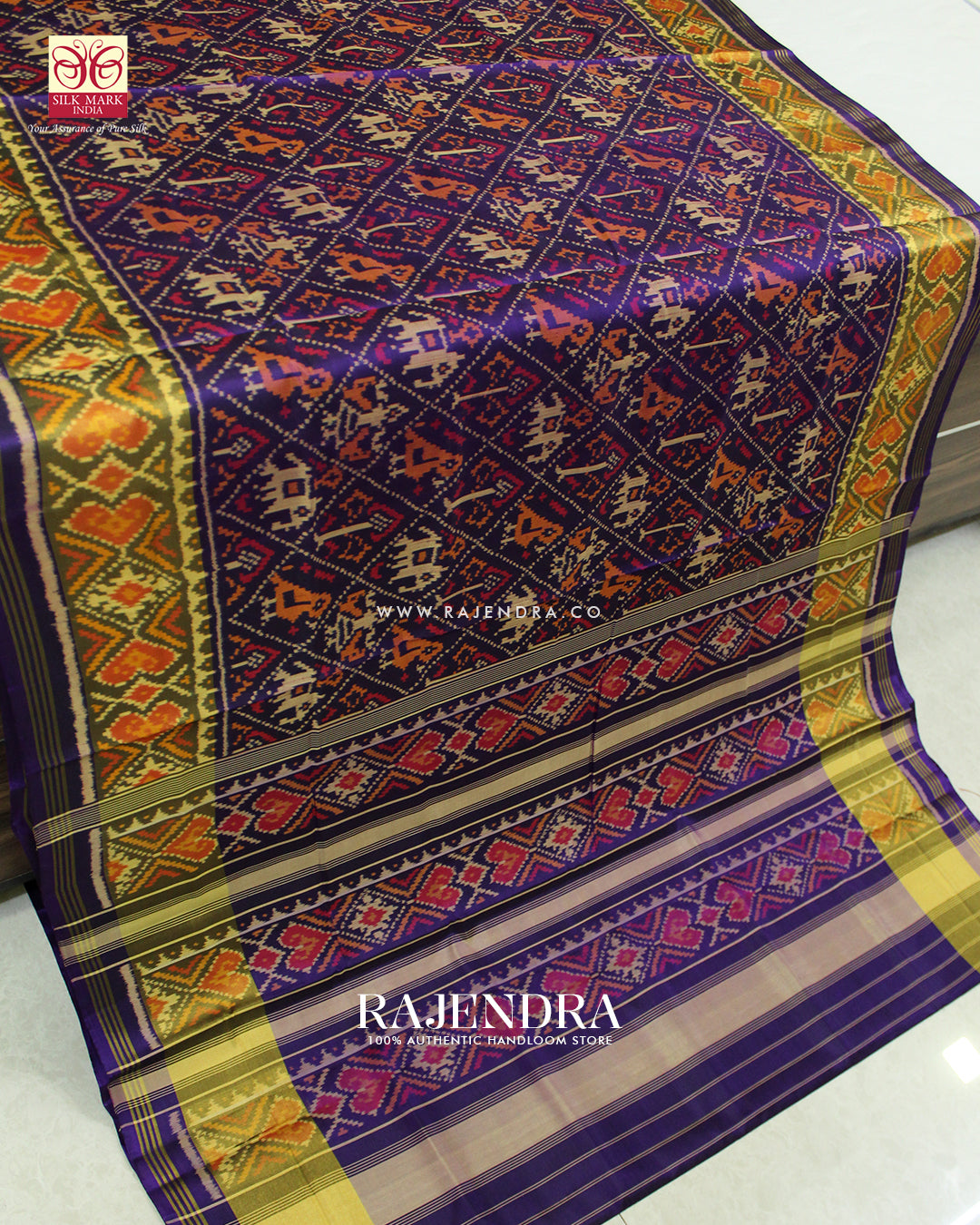 Traditional Hathi Popat Design Dark Purple Single Ikat Rajkot Patola Saree