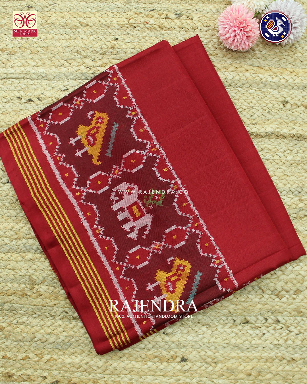 Traditional Hathi Popat Design Gala Border Red Ikat Rajkot Patola Saree