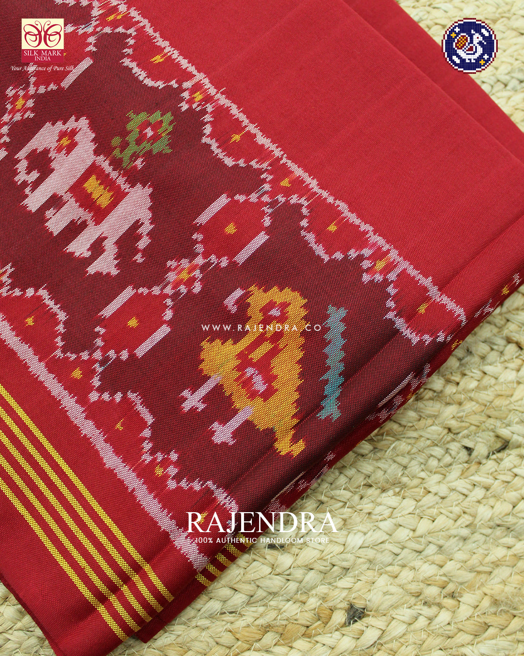 Traditional Hathi Popat Design Gala Border Red Ikat Rajkot Patola Saree