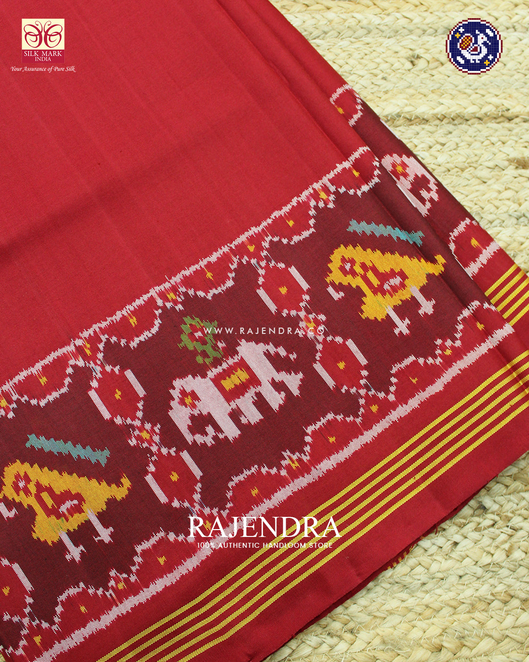 Traditional Hathi Popat Design Gala Border Red Ikat Rajkot Patola Saree
