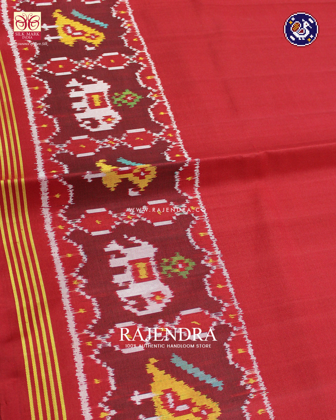 Traditional Hathi Popat Design Gala Border Red Ikat Rajkot Patola Saree