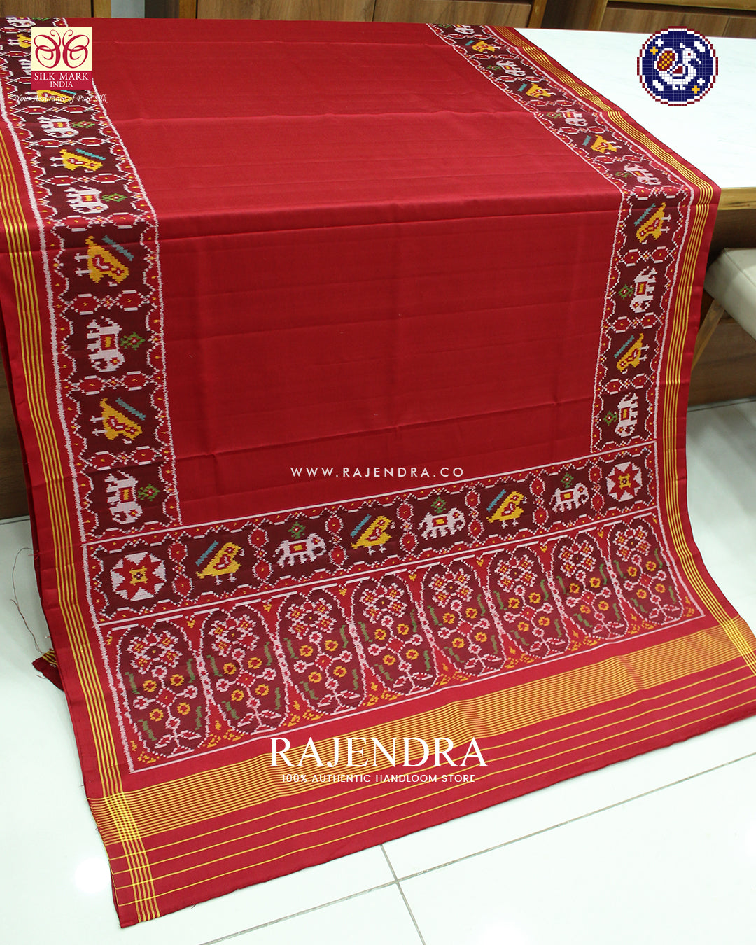 Traditional Hathi Popat Design Gala Border Red Ikat Rajkot Patola Saree