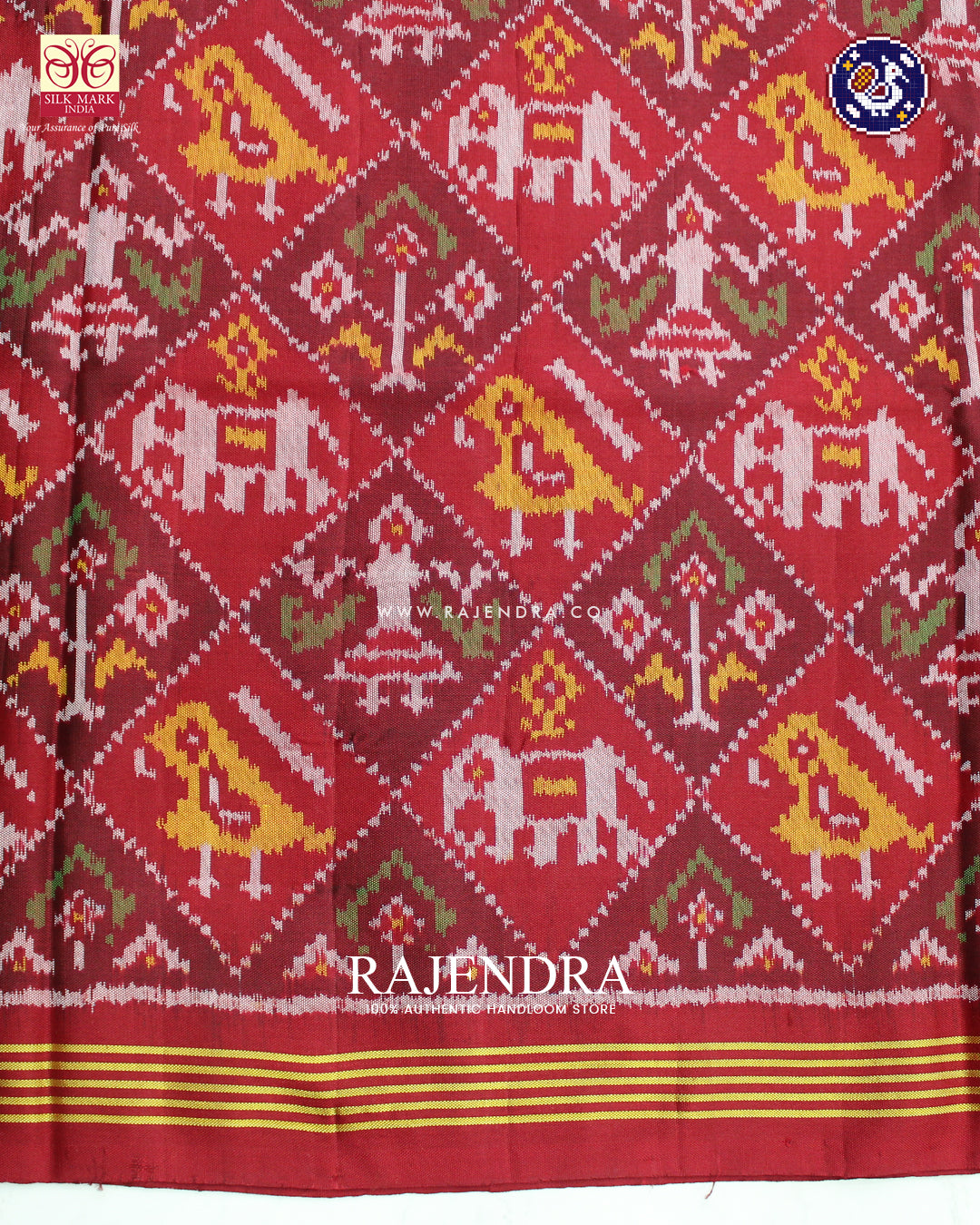 Traditional Hathi Popat Design Gala Border Red Ikat Rajkot Patola Saree