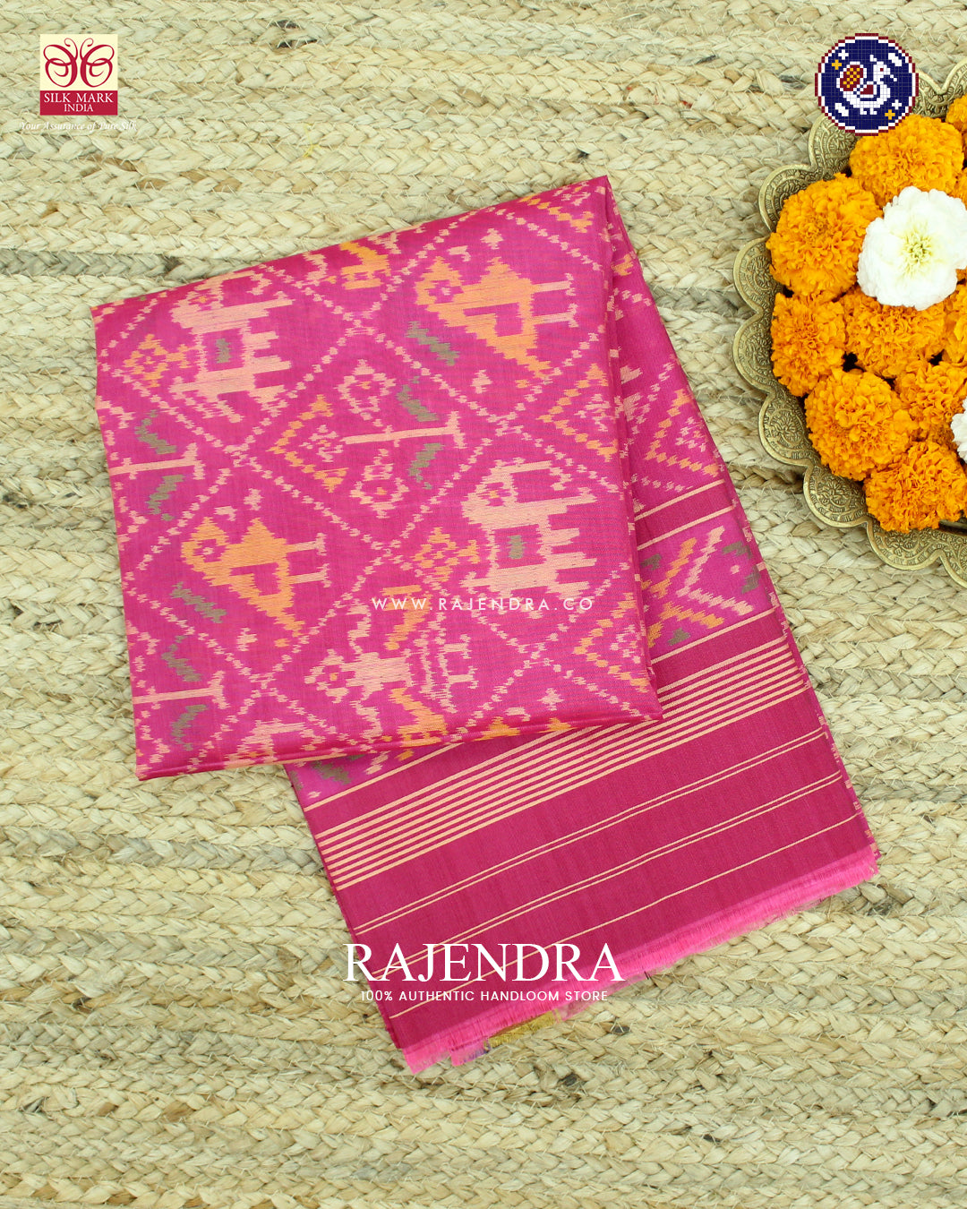 Traditional Hathi Popat Design Gajari Pink Single Ikat Rajkot Patola Dupatta
