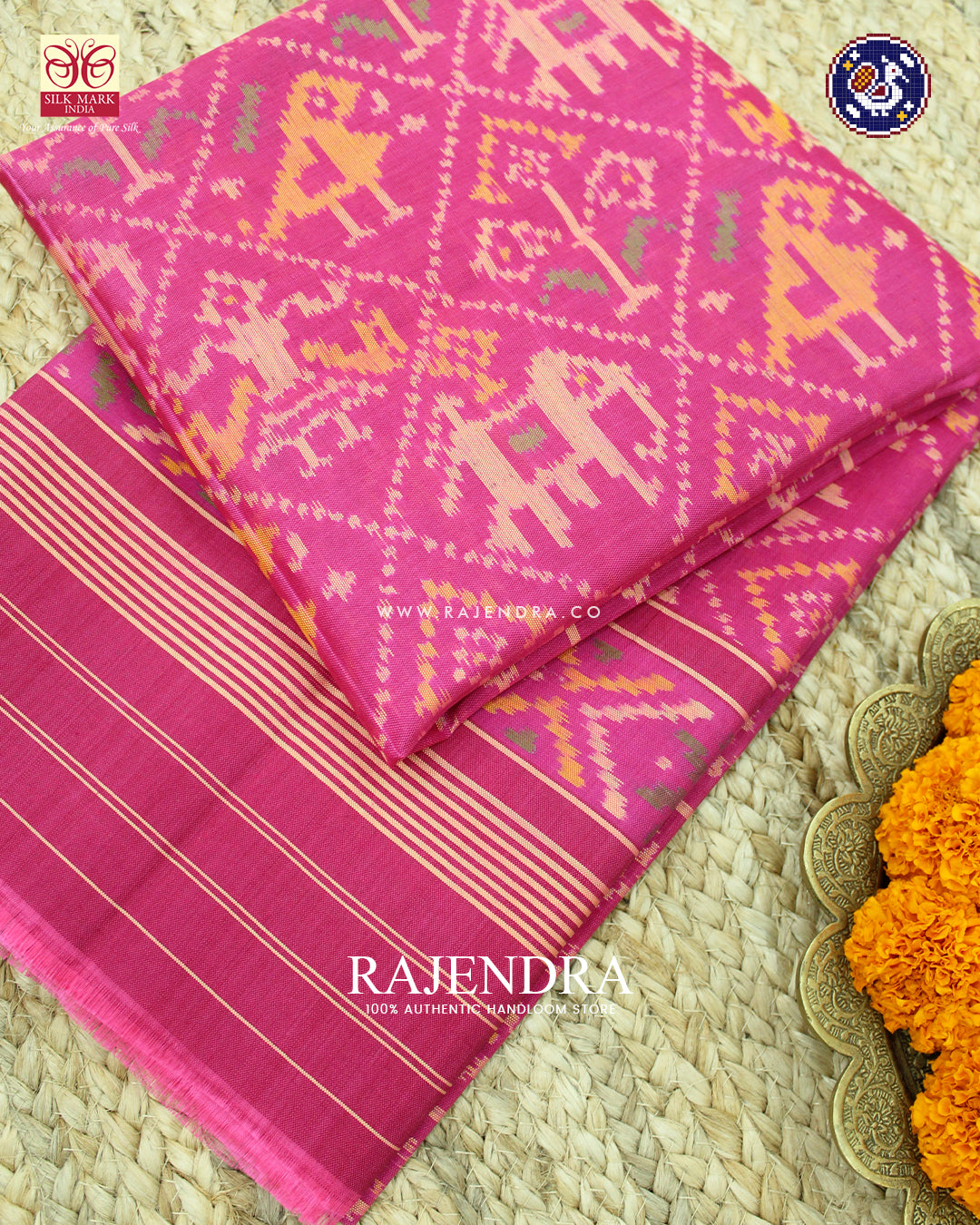 Traditional Hathi Popat Design Gajari Pink Single Ikat Rajkot Patola Dupatta