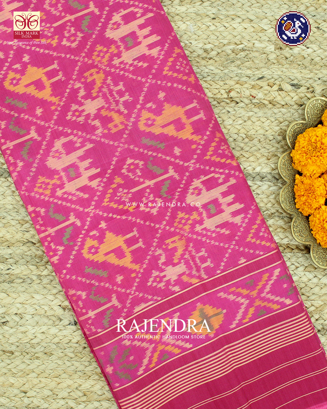 Traditional Hathi Popat Design Gajari Pink Single Ikat Rajkot Patola Dupatta