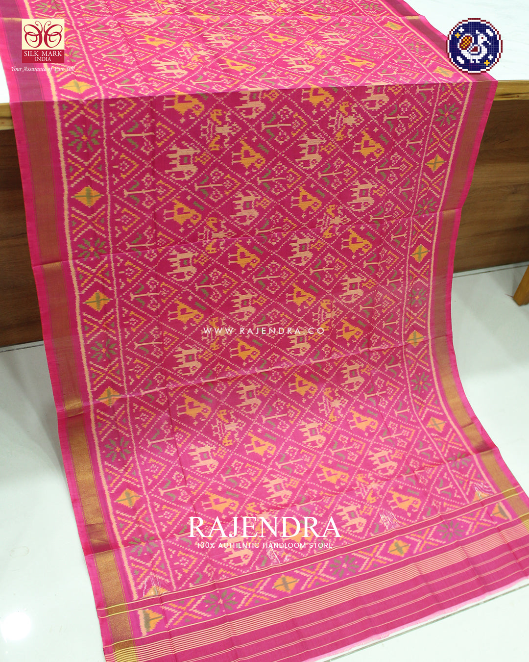 Traditional Hathi Popat Design Gajari Pink Single Ikat Rajkot Patola Dupatta