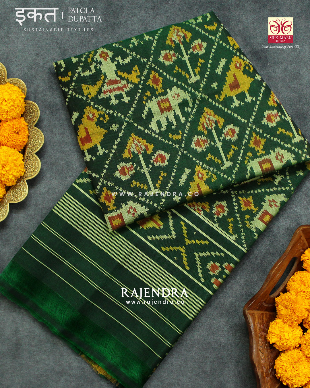 Traditional Hathi Popat Design Green Single Ikat Rajkot Patola Dupatta
