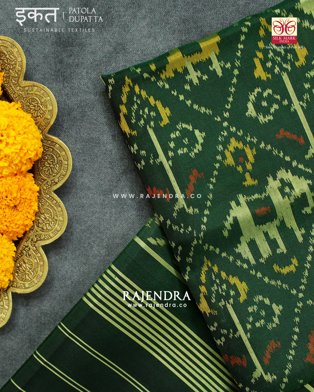 Traditional Hathi Popat Green Single Ikat Rajkot Patola Dupatta