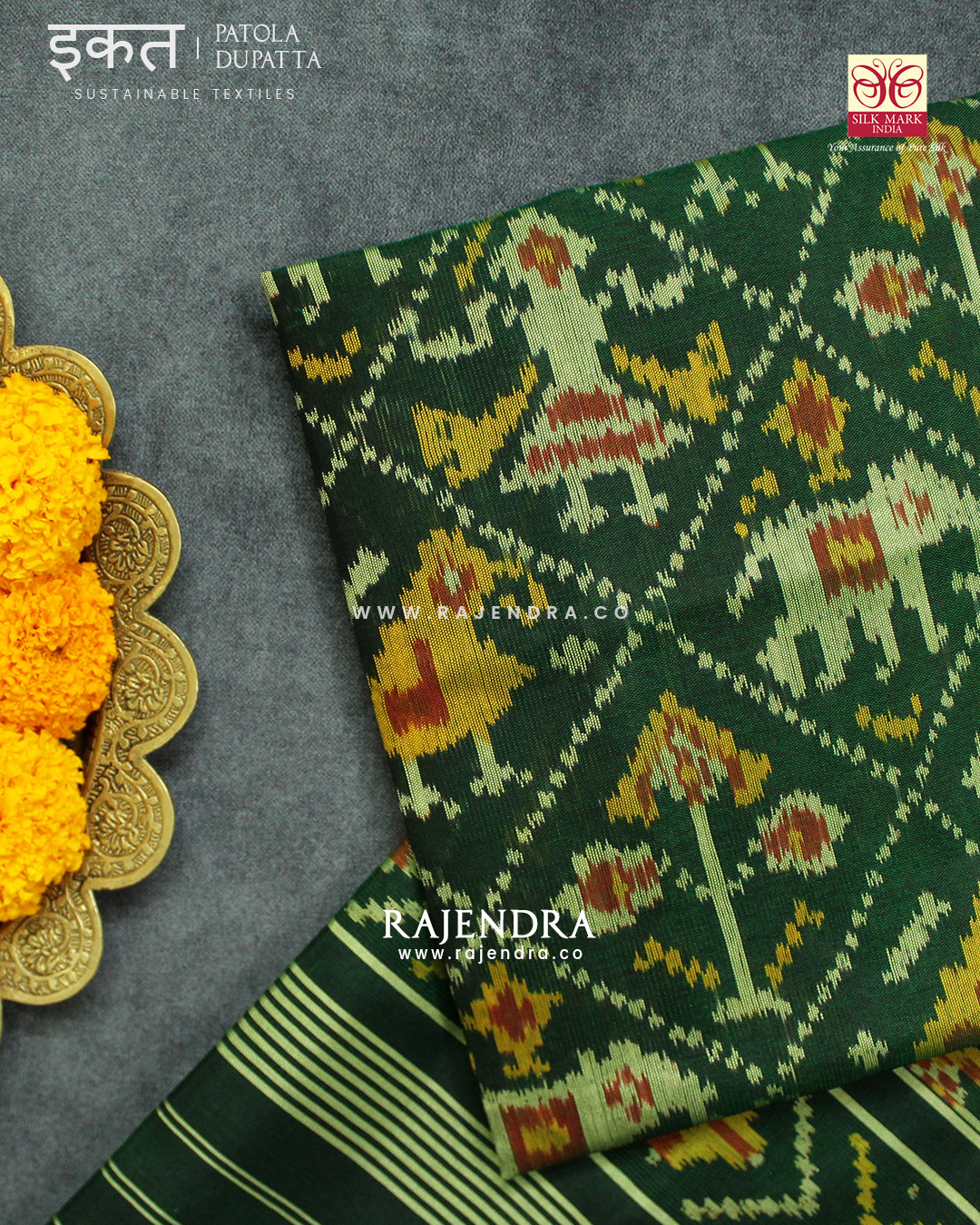 Traditional Hathi Popat Design Green Single Ikat Rajkot Patola Dupatta
