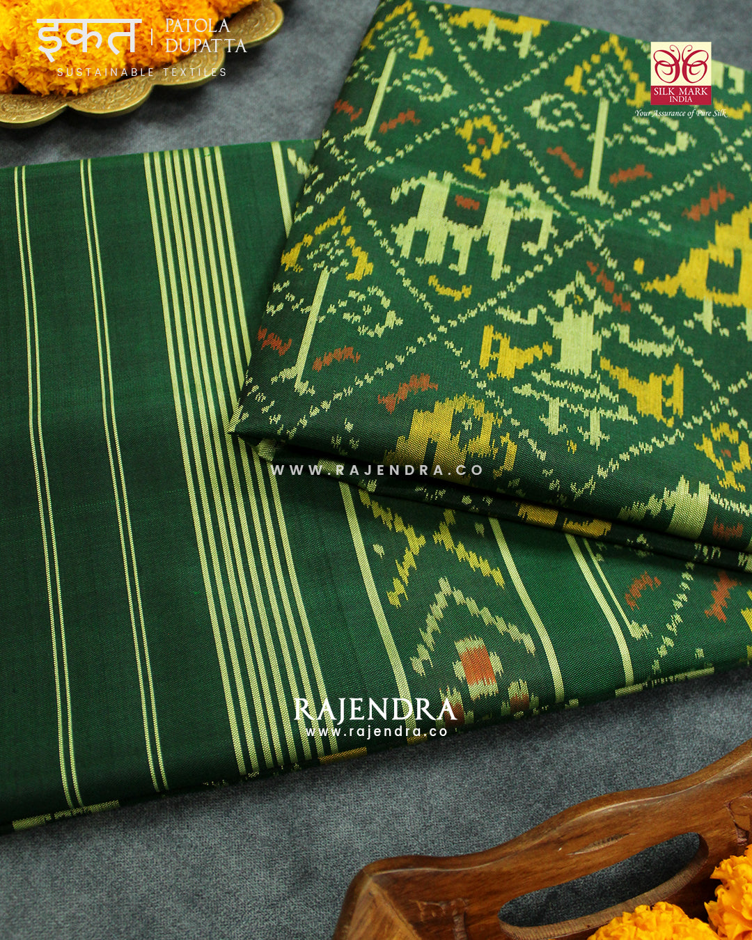 Traditional Hathi Popat Green Single Ikat Rajkot Patola Dupatta