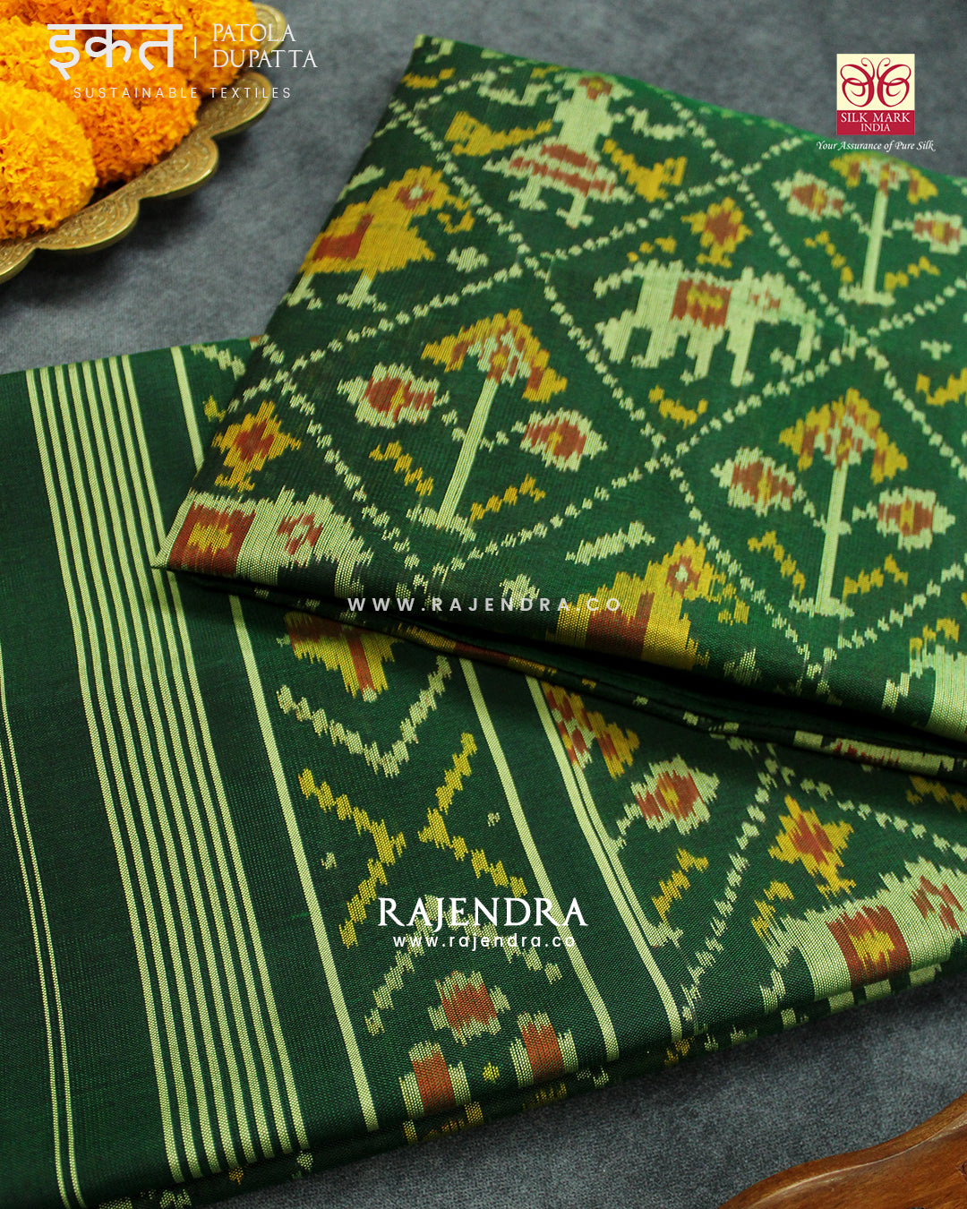 Traditional Hathi Popat Design Green Single Ikat Rajkot Patola Dupatta ...