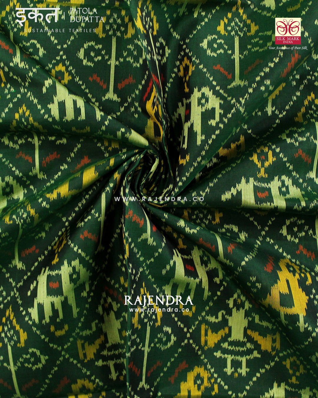 Traditional Hathi Popat Green Single Ikat Rajkot Patola Dupatta