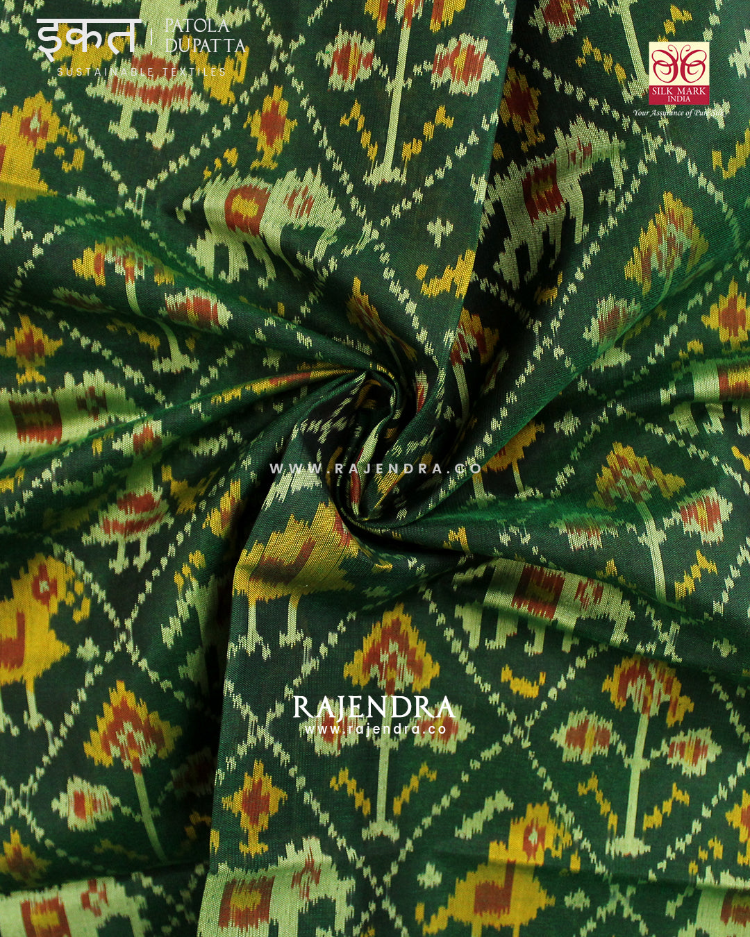 Traditional Hathi Popat Design Green Single Ikat Rajkot Patola Dupatta