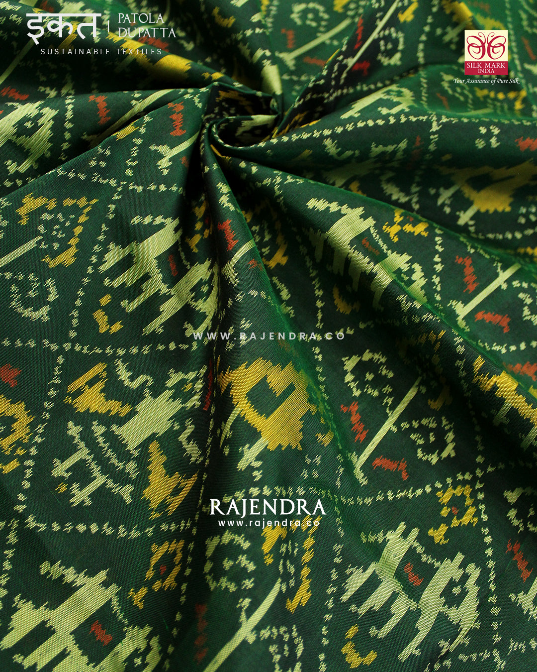 Traditional Hathi Popat Green Single Ikat Rajkot Patola Dupatta