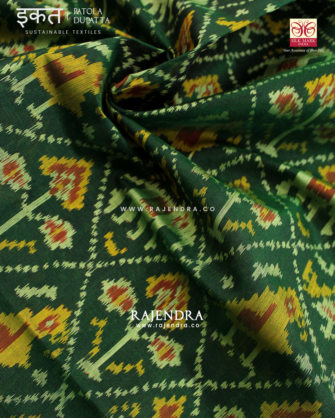 Traditional Hathi Popat Design Green Single Ikat Rajkot Patola Dupatta