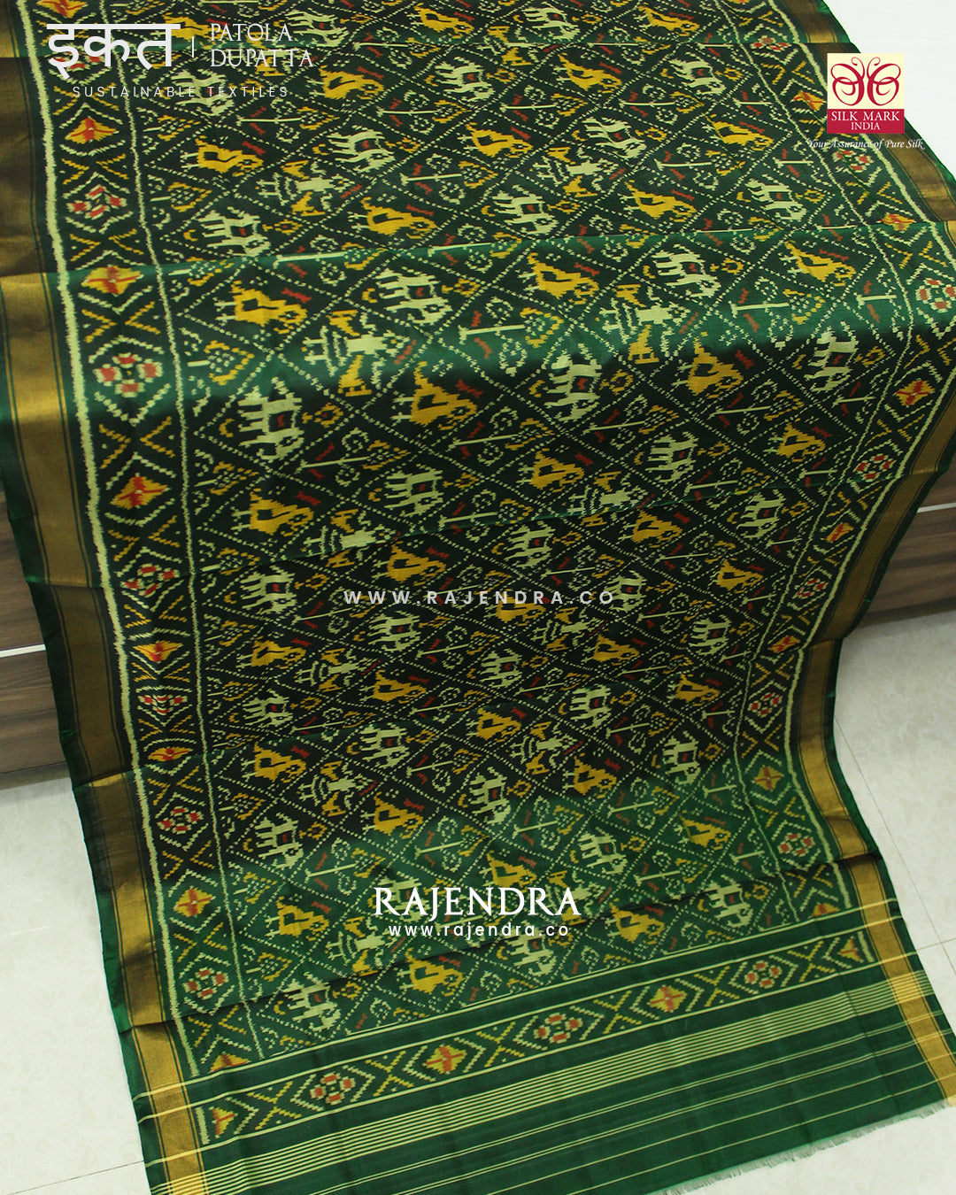 Traditional Hathi Popat Green Single Ikat Rajkot Patola Dupatta