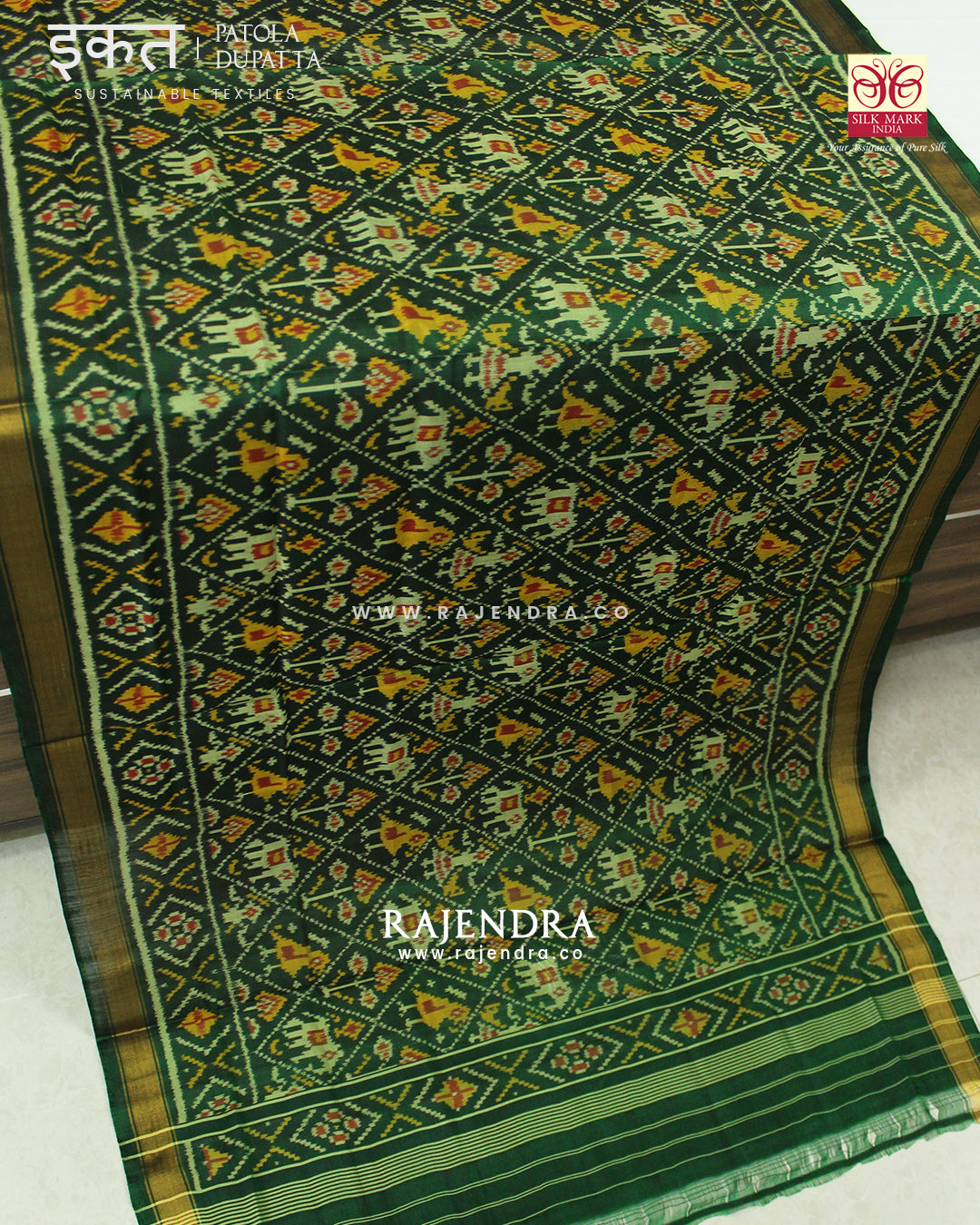 Traditional Hathi Popat Design Green Single Ikat Rajkot Patola Dupatta
