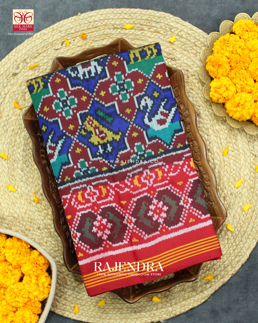 Traditional Hathi Popat Design Red and Blue Ikat Rajkot Patola Saree