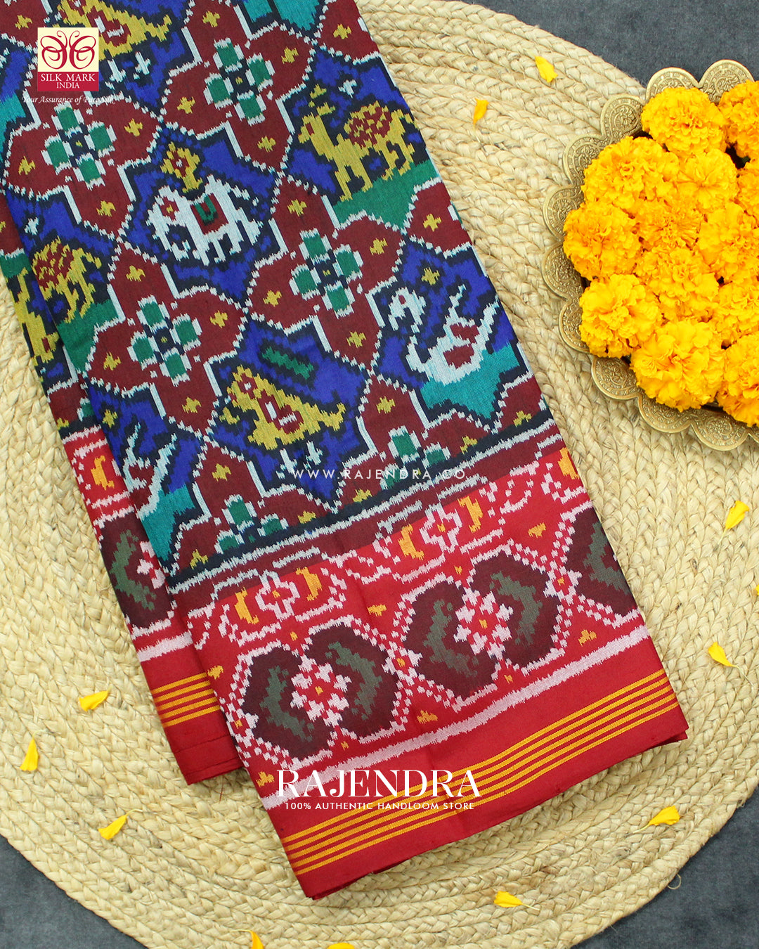 Traditional Hathi Popat Design Red and Blue Ikat Rajkot Patola Saree