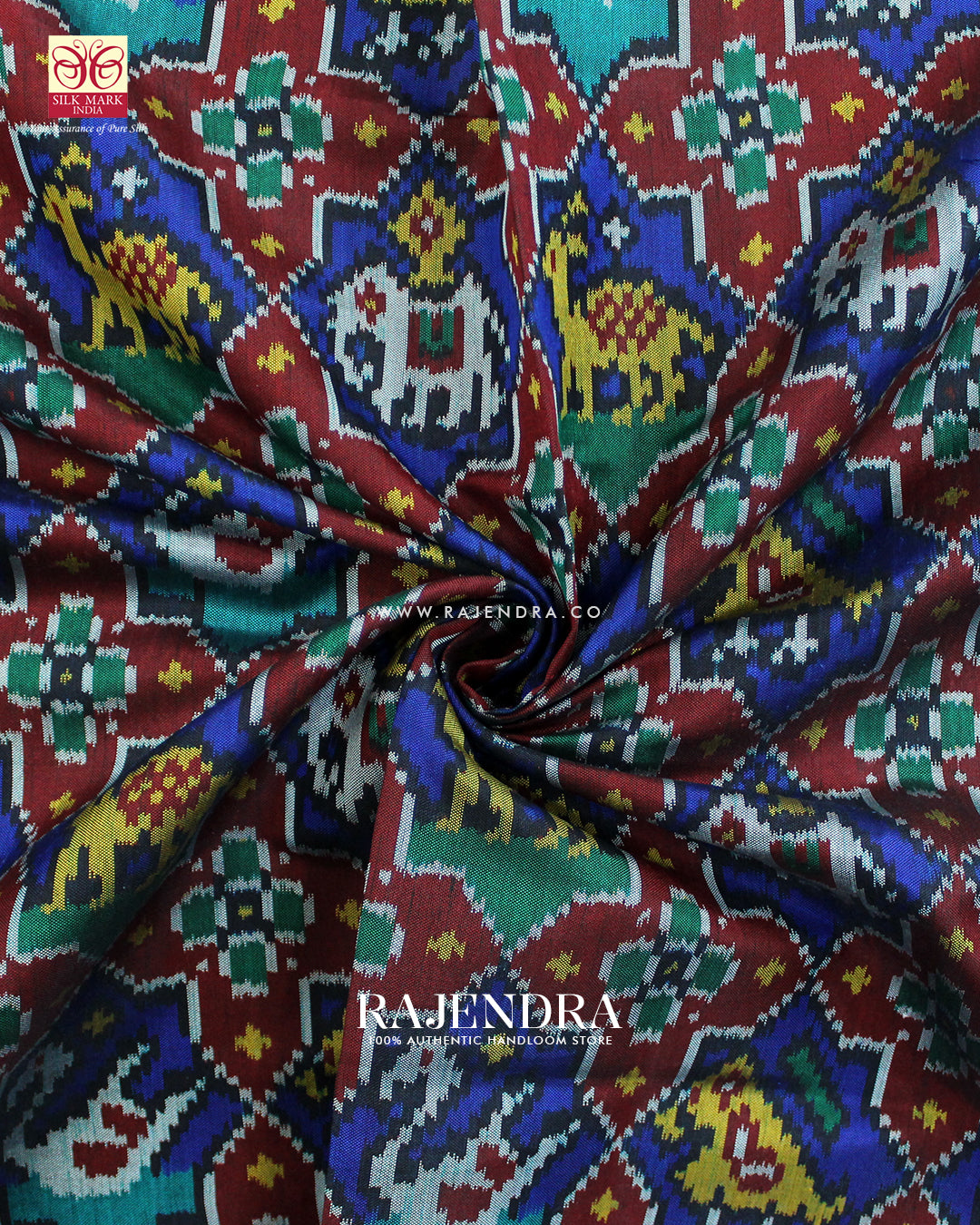 Traditional Hathi Popat Design Red and Blue Ikat Rajkot Patola Saree