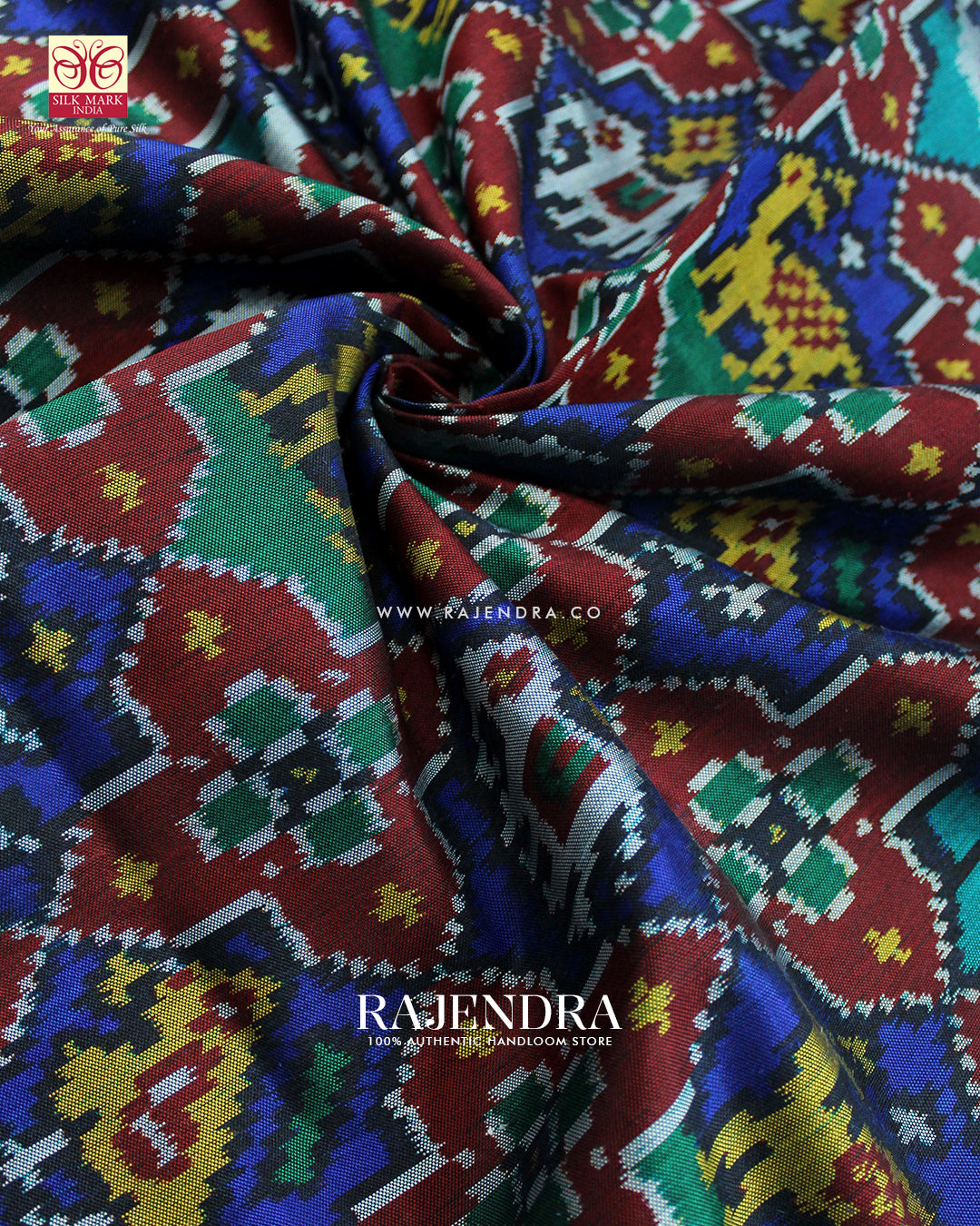 Traditional Hathi Popat Design Red and Blue Ikat Rajkot Patola Saree