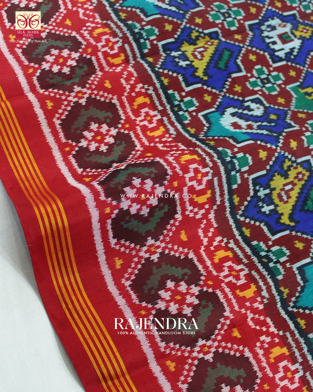 Traditional Hathi Popat Design Red and Blue Ikat Rajkot Patola Saree