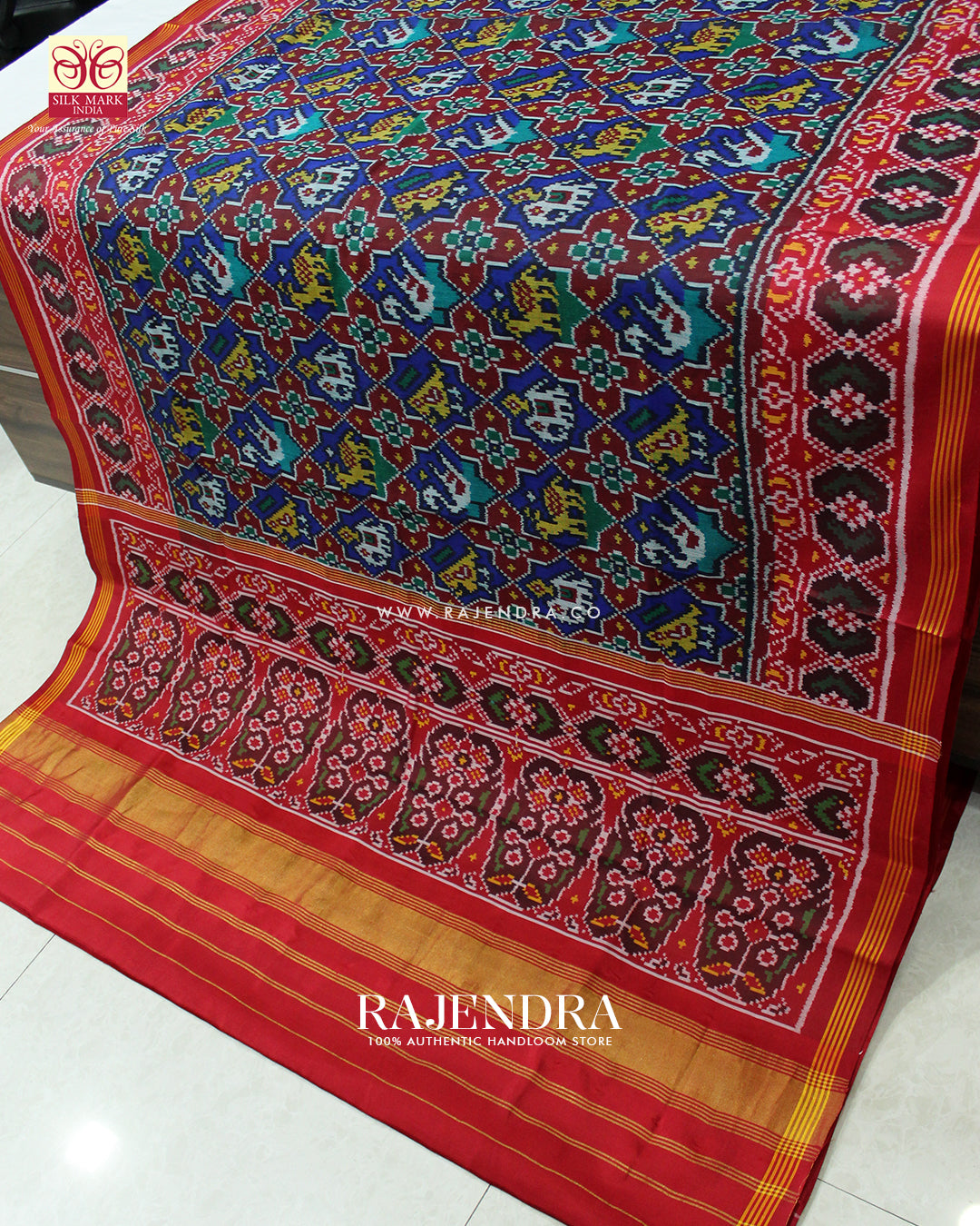 Traditional Hathi Popat Design Red and Blue Ikat Rajkot Patola Saree
