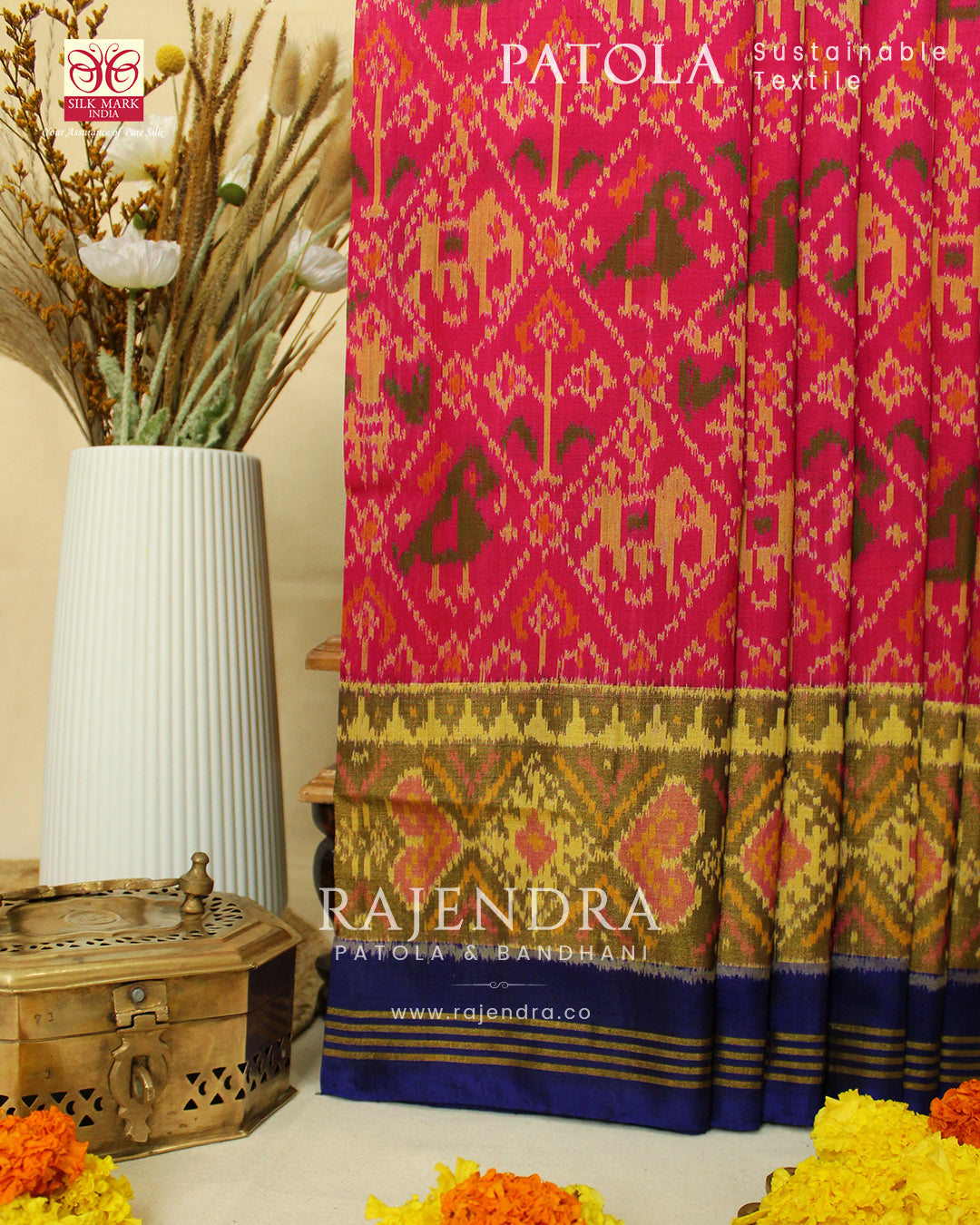 Traditional Hathi Popat Peach Blue Single Ikat Rajkot Patola Saree