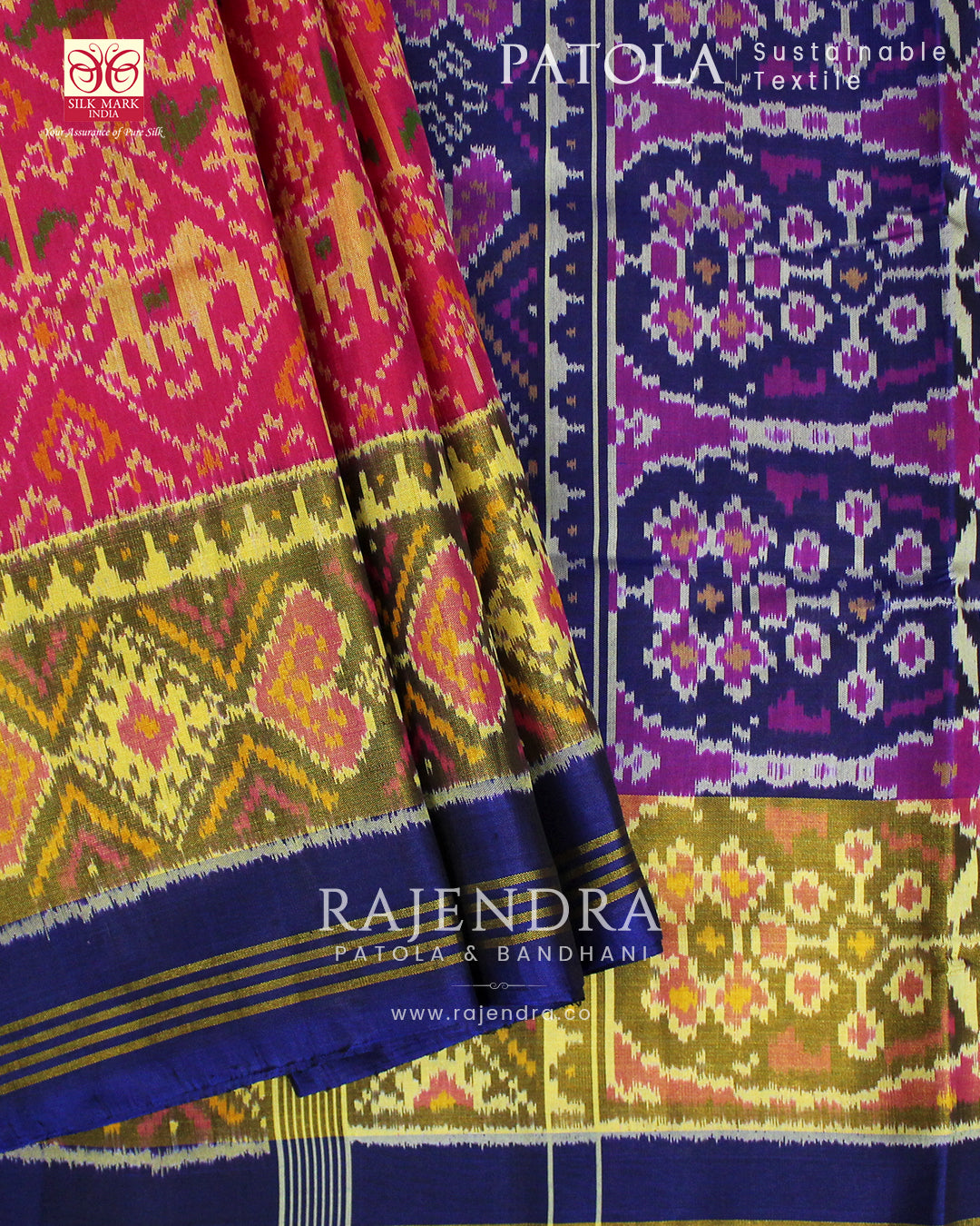 Traditional Hathi Popat Peach Blue Single Ikat Rajkot Patola Saree
