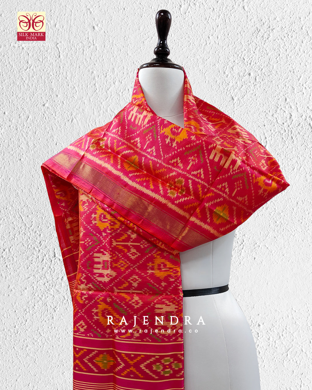 Traditional Hathi Popat Bhat Peach Single Ikat Rajkot Patola Dupatta