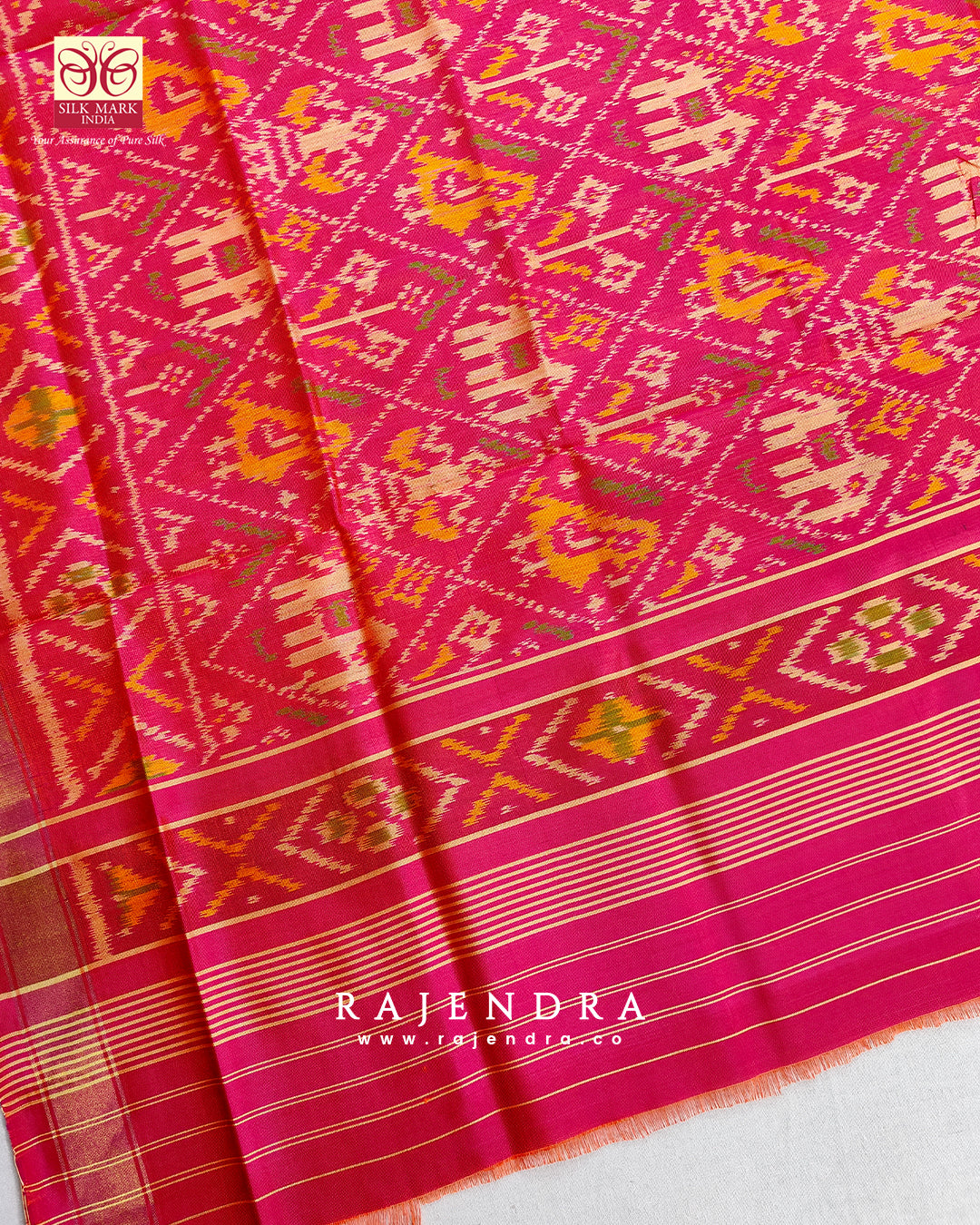 Traditional Hathi Popat Bhat Peach Single Ikat Rajkot Patola Dupatta