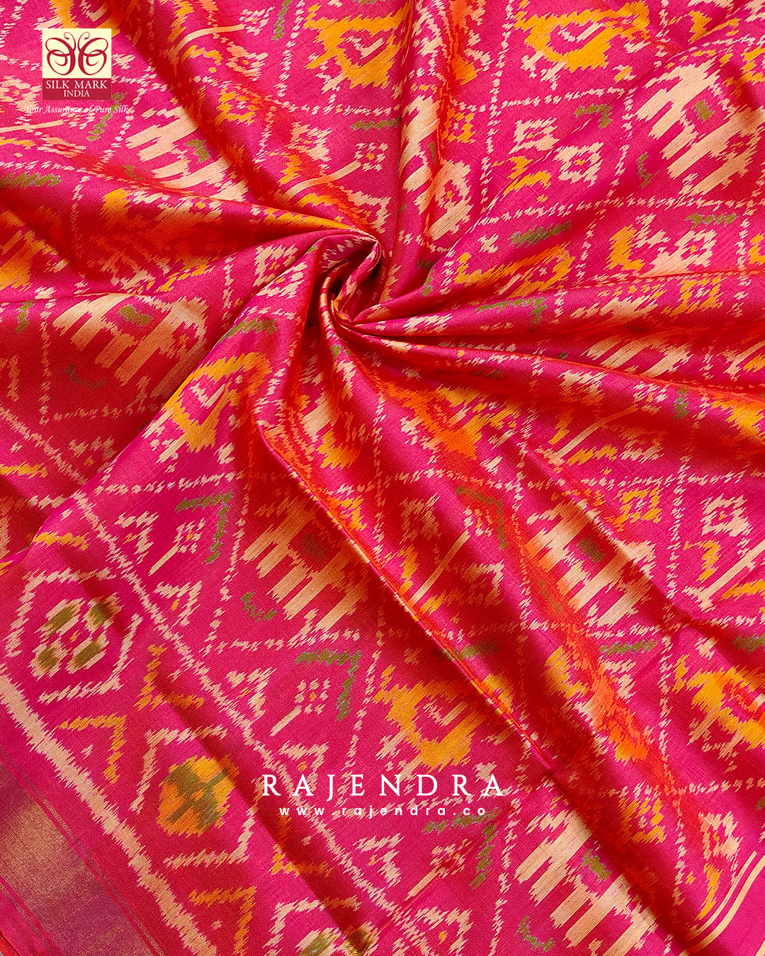 Traditional Hathi Popat Bhat Peach Single Ikat Rajkot Patola Dupatta