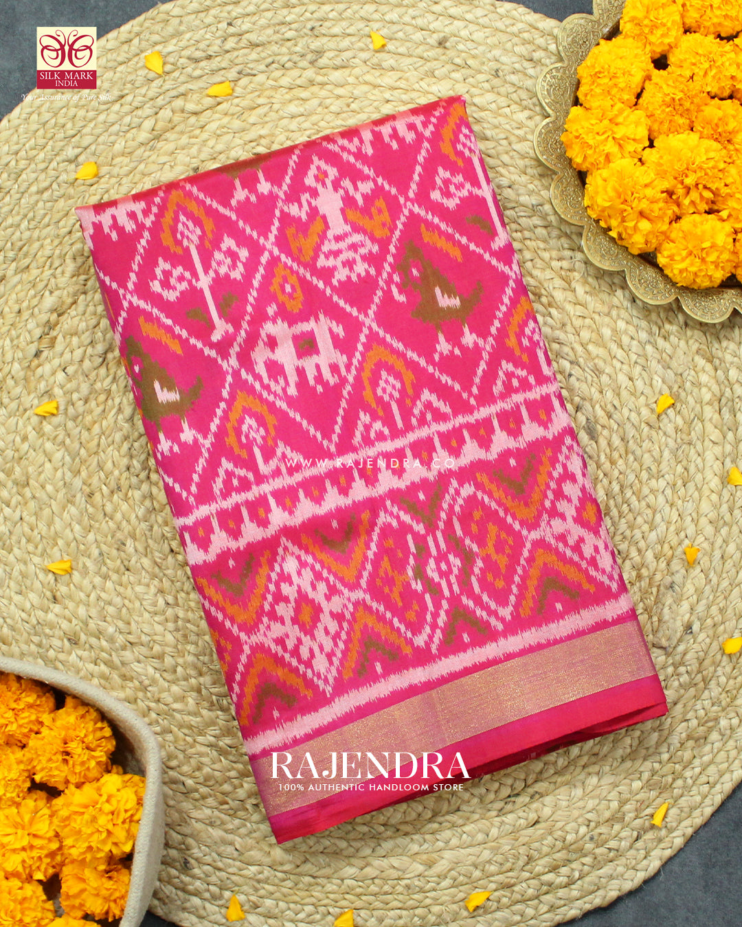 Traditional Hathi Popat Design Peach Pink Single Ikat Rajkot Patola Saree