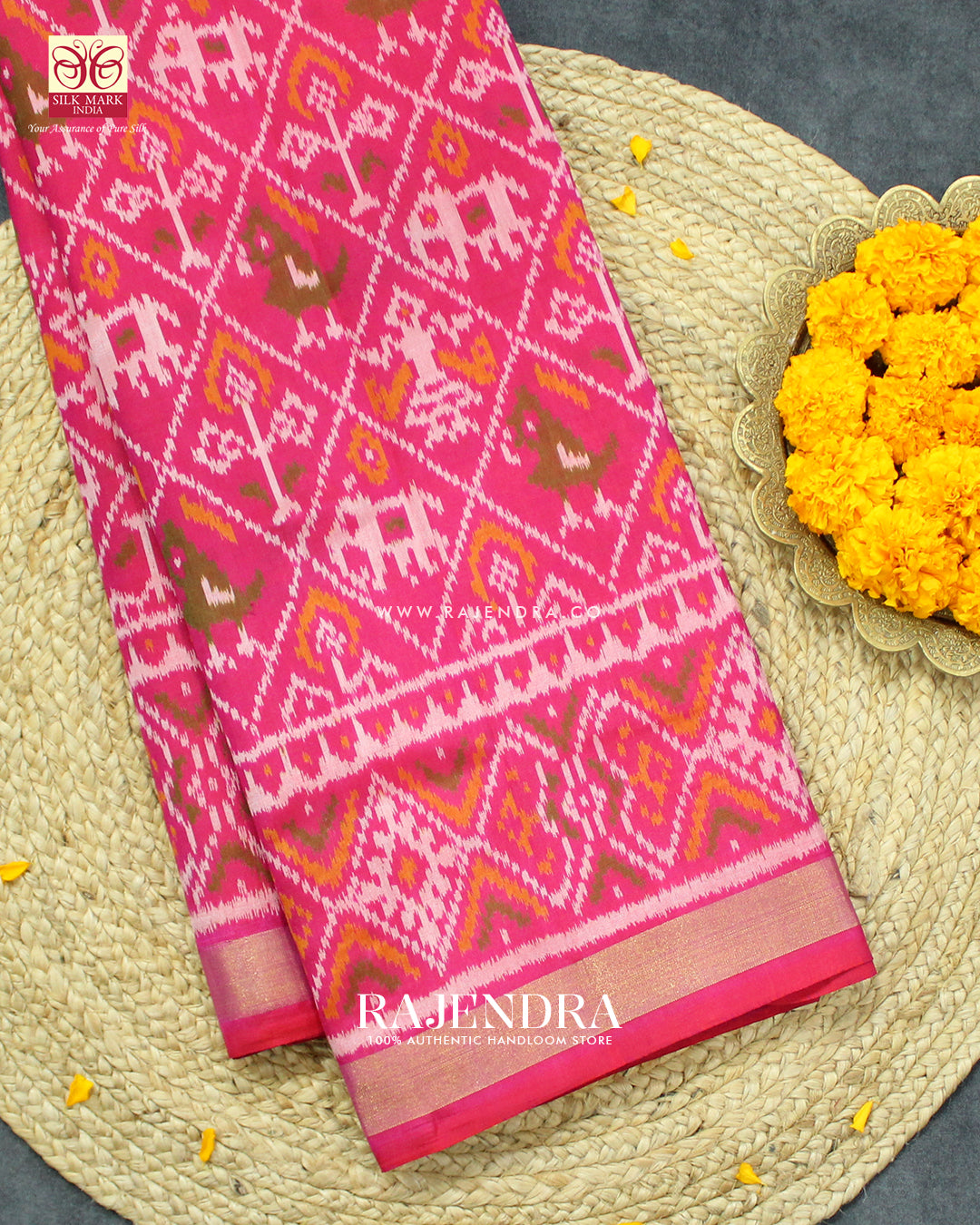 Traditional Hathi Popat Design Peach Pink Single Ikat Rajkot Patola Saree