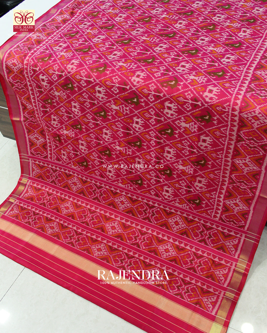 Traditional Hathi Popat Design Peach Pink Single Ikat Rajkot Patola Saree